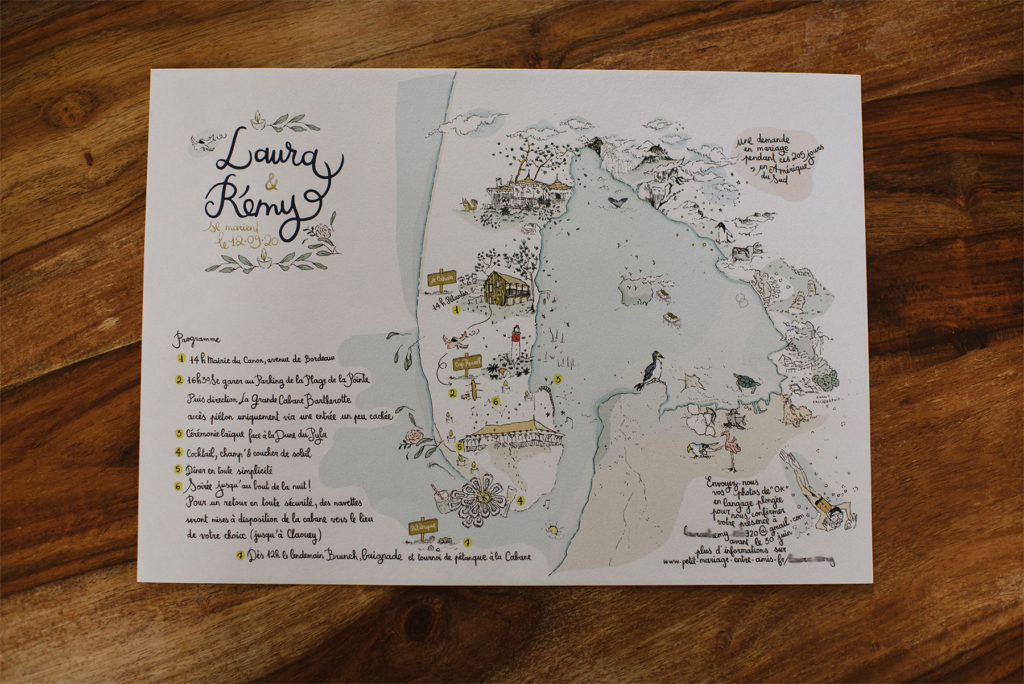 Le faire-part plan de Laura & Rémy, des souvenirs de leur tour du monde à leur mariage au Cap Ferret