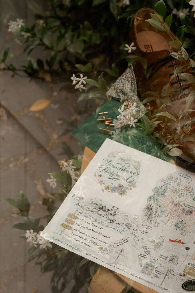Faire-part de mariage nature avec des illustrations sur mesure.