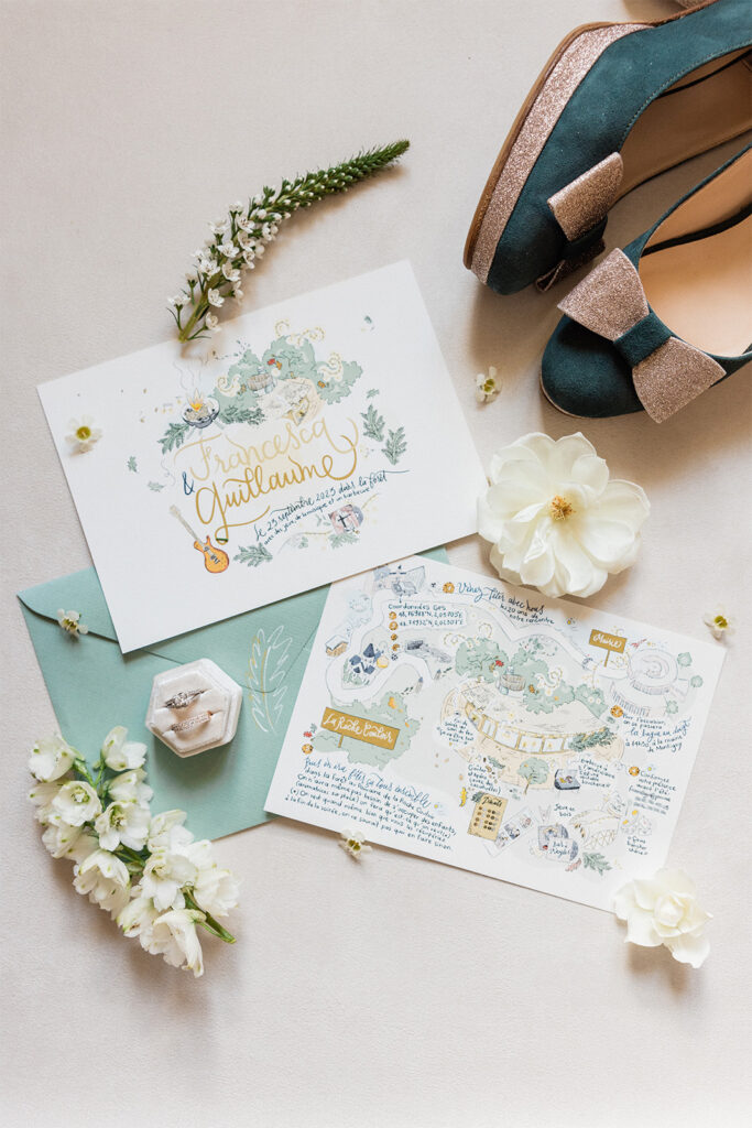 Faire part de mariage illustré sur mesure qui montre le lieu du mariage