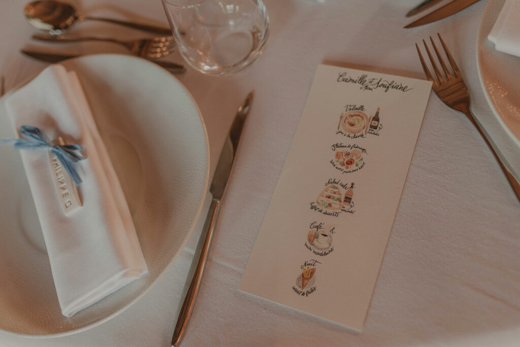 menu de mariage qui illustre les plats que les invités vont manger
