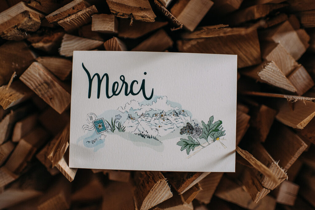 carte de remerciement illustré sur mesure pour un mariage nature