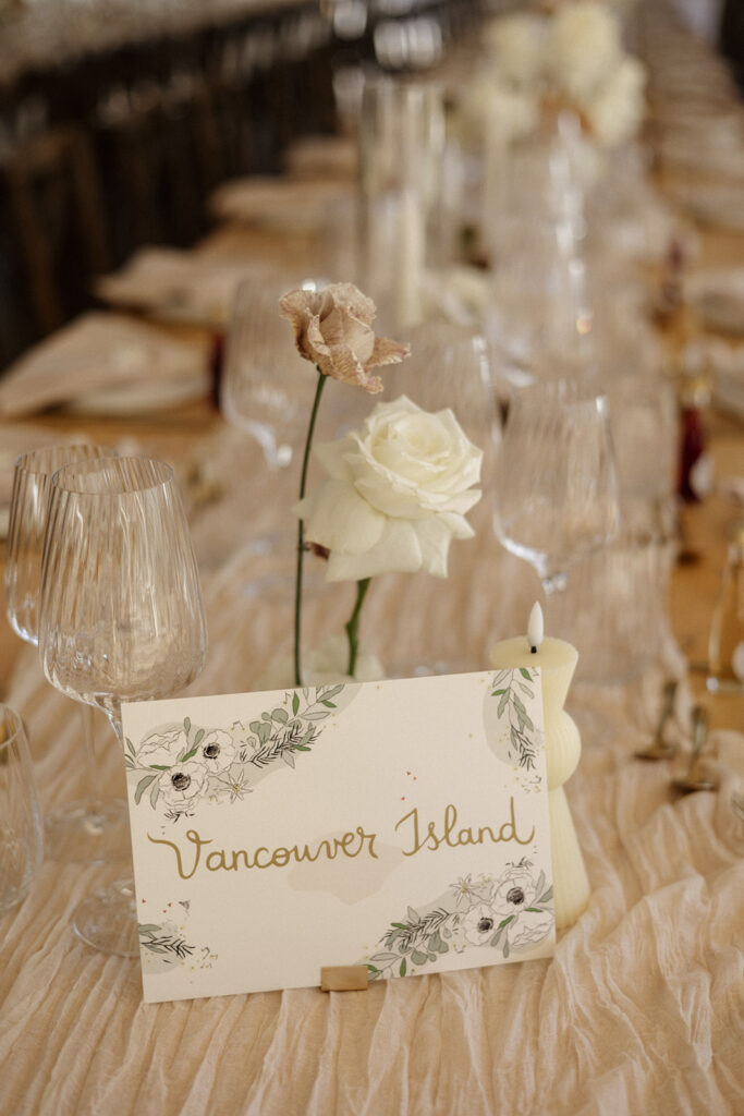 Nom de table avec un lettrage fait main et des illustrations personnalisées