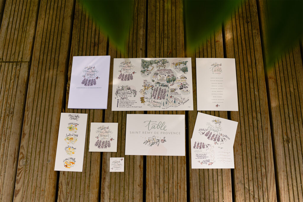 Papeterie de mariage complète personnalisée illustrée sur mesure